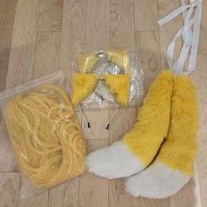 Yellow and White Furry Costume Set. Cosplay Wig, Headband (x2) and Tails (x2)